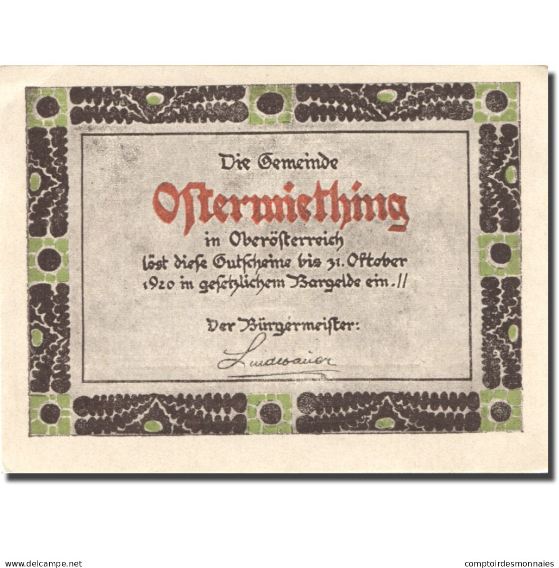 Billet, Autriche, Ostermiething, 40 Heller, Personnage, 1920 SPL Mehl:FS 713Ij - Autriche