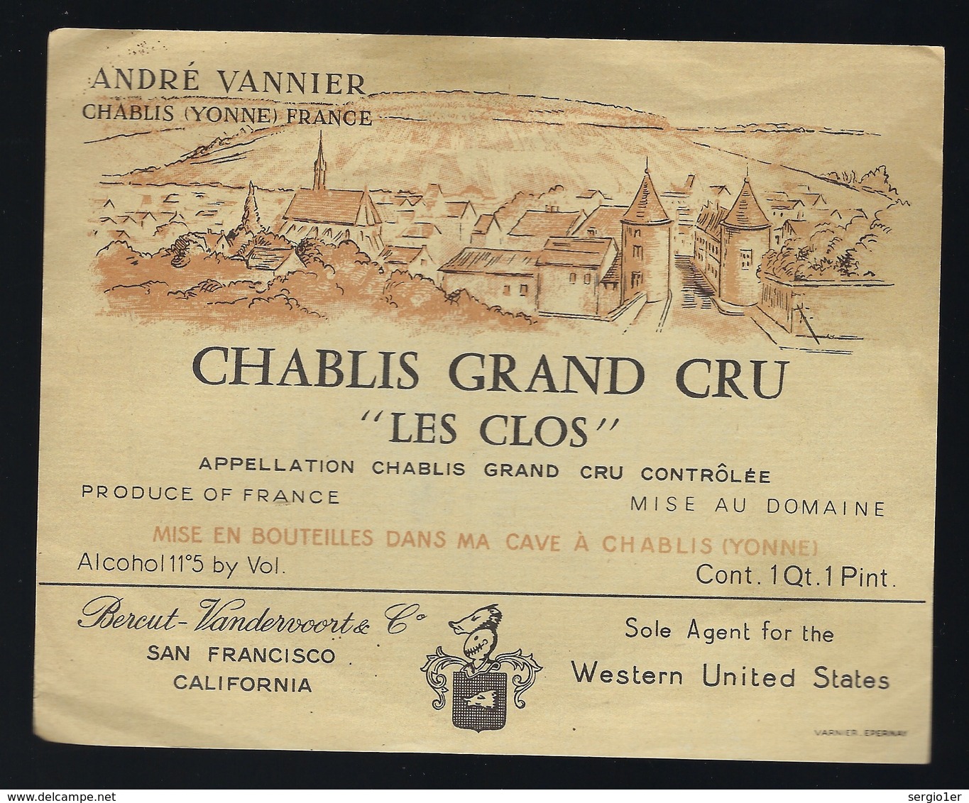 étiquette Vin  Chablis  Grand Cru "les Clos" André Vannier Bercut Vandervoorte & Cie San Francisco - Bourgogne