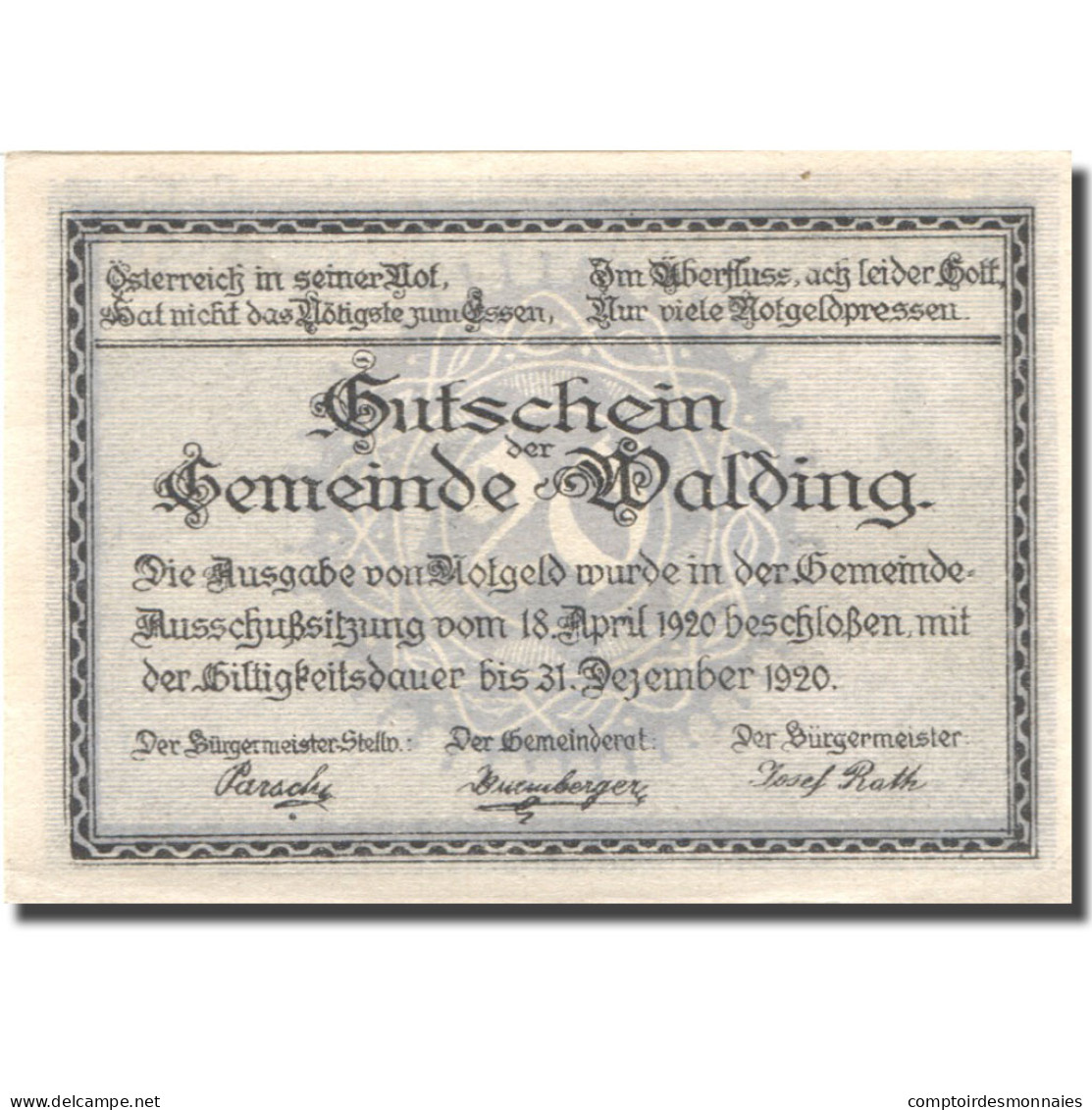 Billet, Autriche, Walding, 20 Heller, Eglise 1, 1920-12-31, SPL Mehl:FS 1132a - Autriche