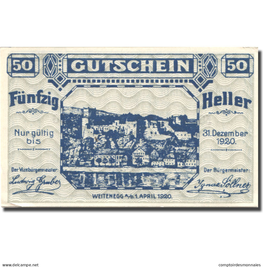 Billet, Autriche, Weitenegg A/d Donau 50 Heller, Château, 1920 SPL Mehl:FS 1163a - Autriche