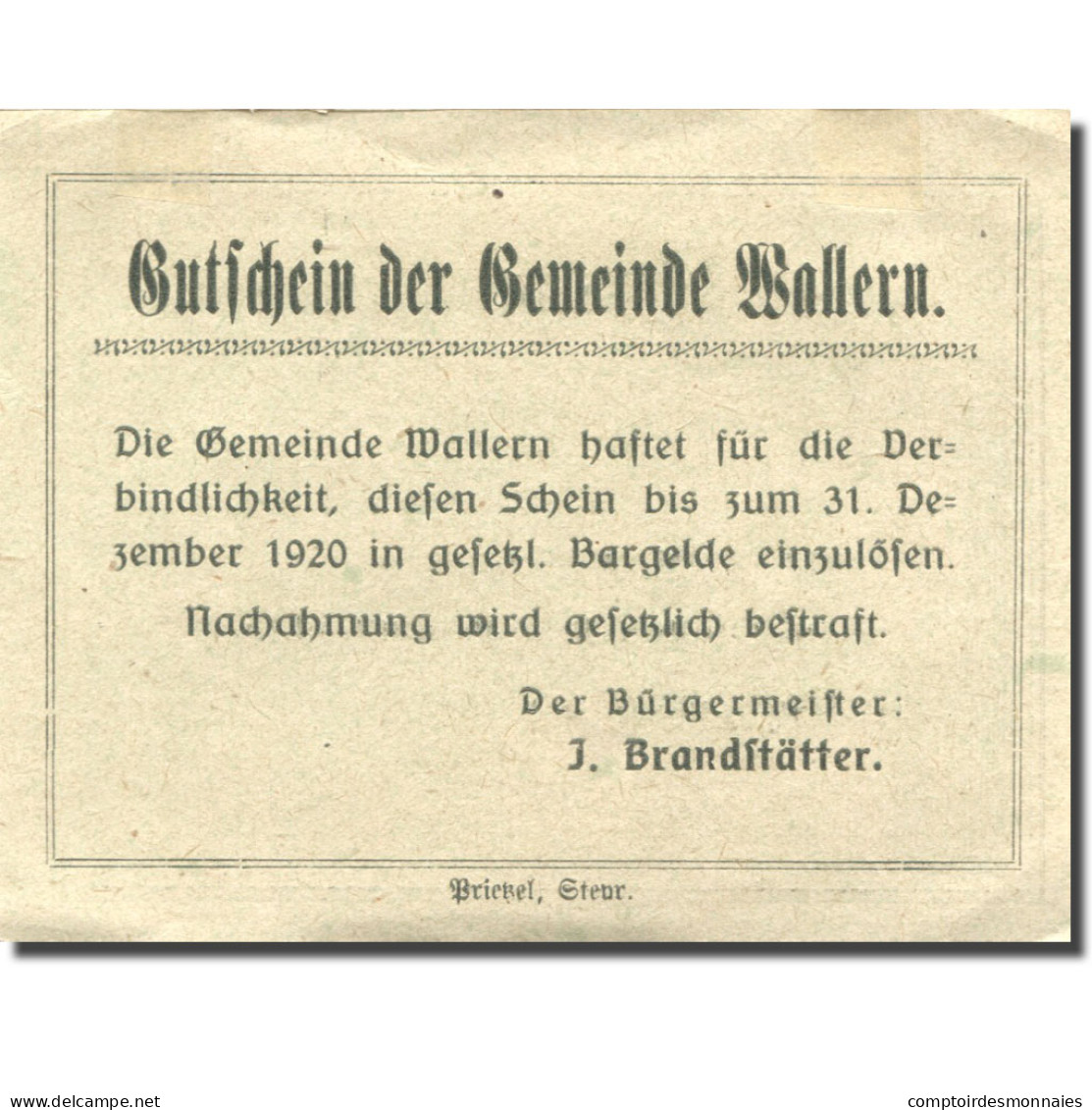 Billet, Autriche, Wallern, 50 Heller, Village 1920-12-31, SUP Mehl:FS 1136a - Autriche