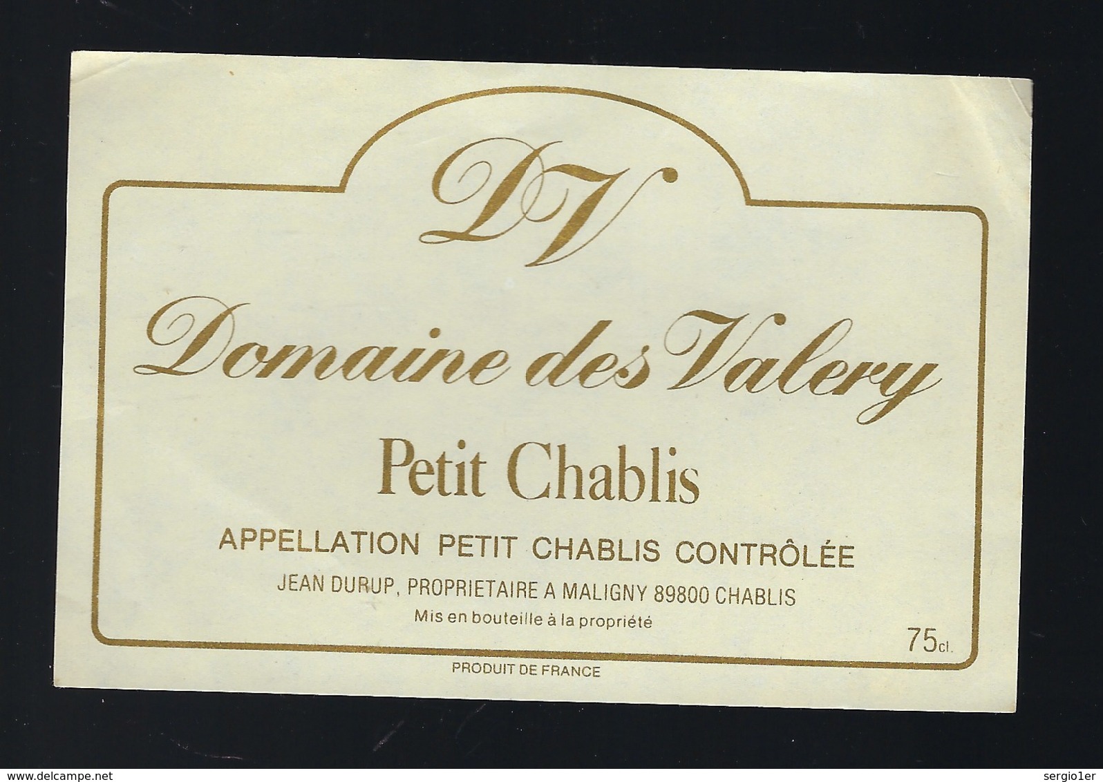 étiquette Vin Petit Chablis Domaine Des Valery "DV" Jean Durup Propriètaire à Maligny - Bourgogne