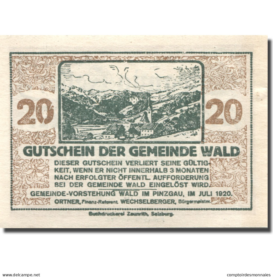 Billet, Autriche, Wald, 20 Heller, Montagne, 1920, SPL, Mehl:FS 1129Ia - Autriche