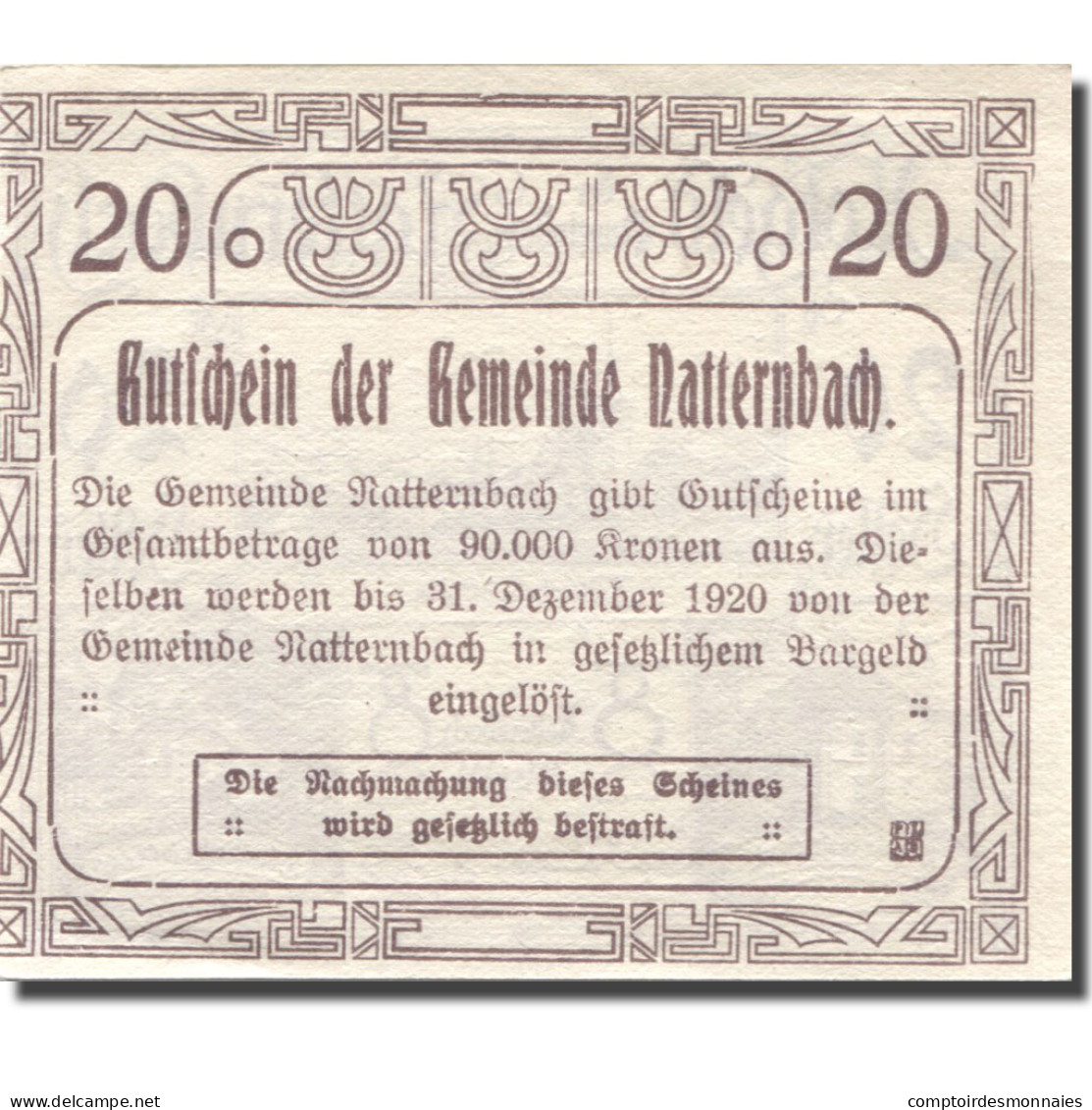 Billet, Autriche, Natternbach, 20 Heller, Eglise 1920-12-31, SPL Mehl:FS 643IIa - Autriche