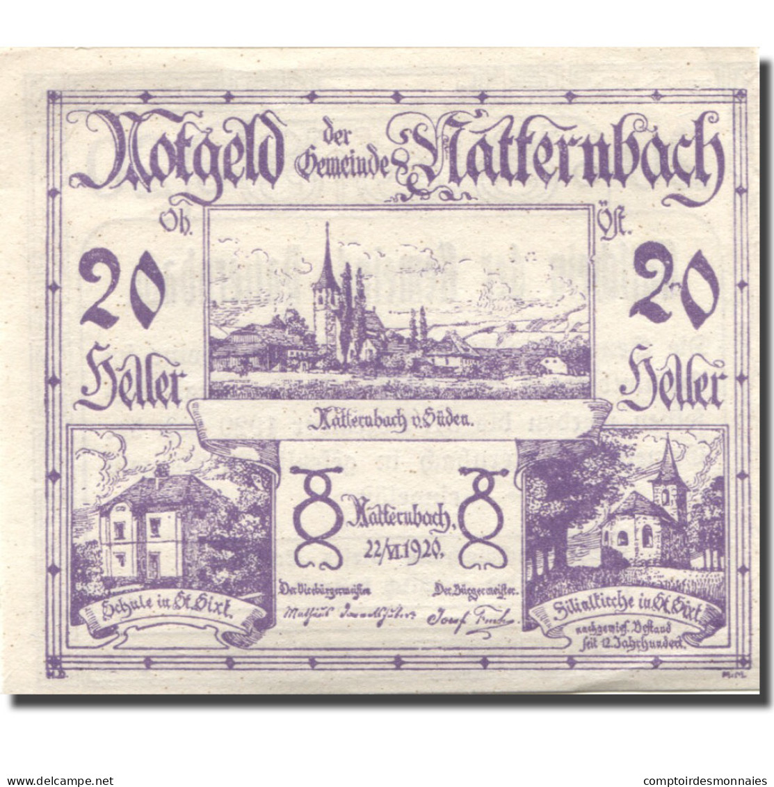 Billet, Autriche, Natternbach, 20 Heller, Eglise 1920-12-31, SPL Mehl:FS 643IIa - Austria