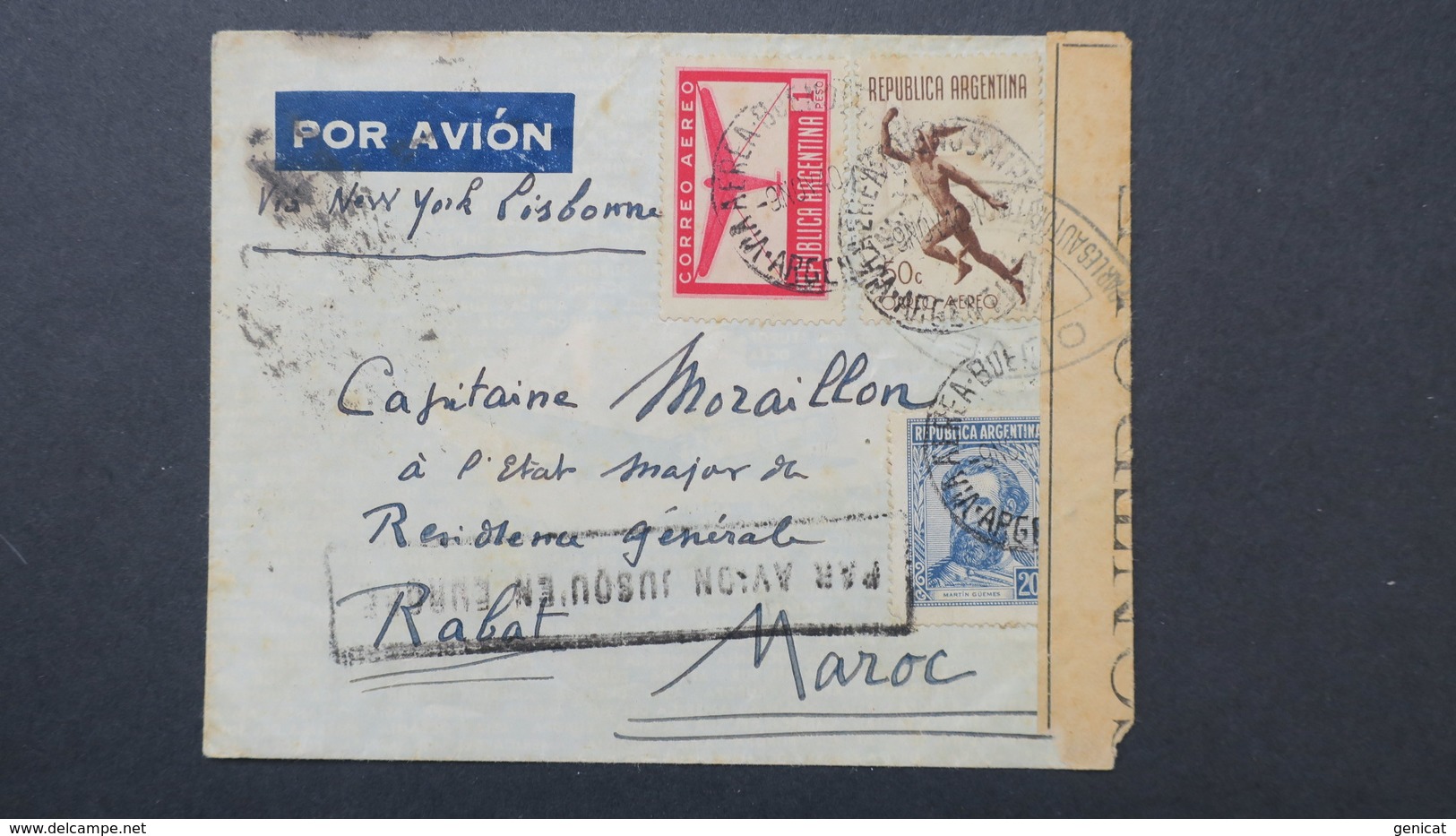 Argentine Nov. 1940 Pour Rabat Maroc Via New York Et Lisbonne Griffe " Par Avion Jusqu'en Europe" Et Censure - Covers & Documents