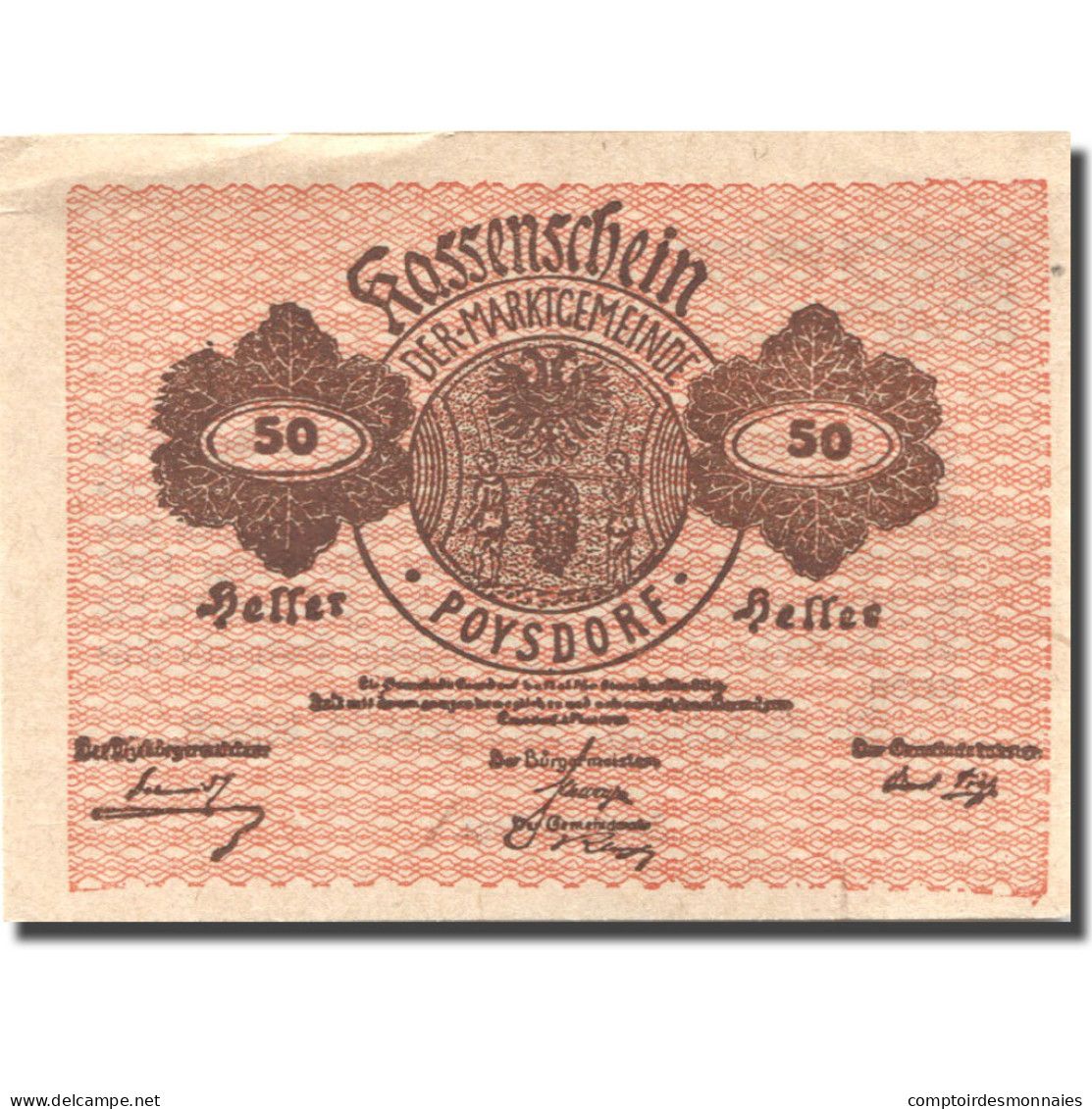 Billet, Autriche, Poysdorf, 50 Heller, Blason 1920-12-31, SUP  Mehl:FS 776a1 - Austria