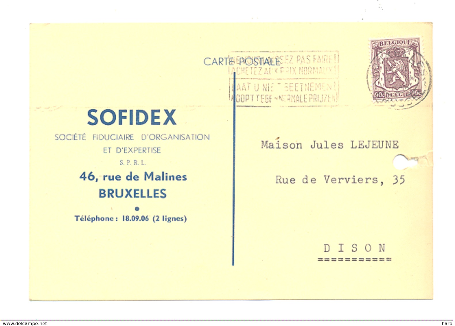 Carte Pré Imprimée " SOFIDEX " Bruxelles 1948 - Fiduciaire  (van) - Publicité