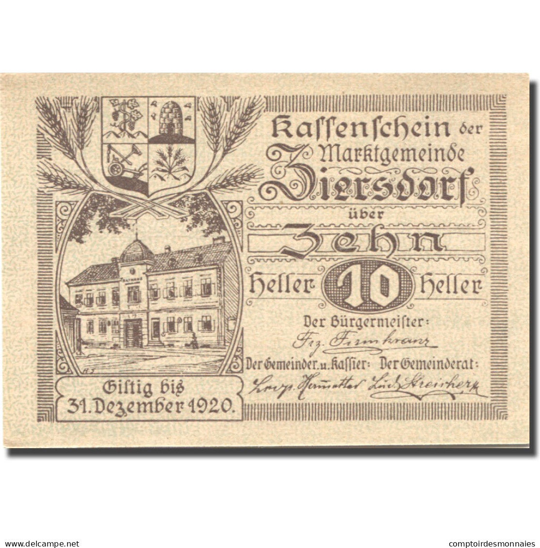 Billet, Autriche, Ziersdorf, 10 Heller, Monument 1920-12-31, SPL Mehl:FS 1276a - Autriche