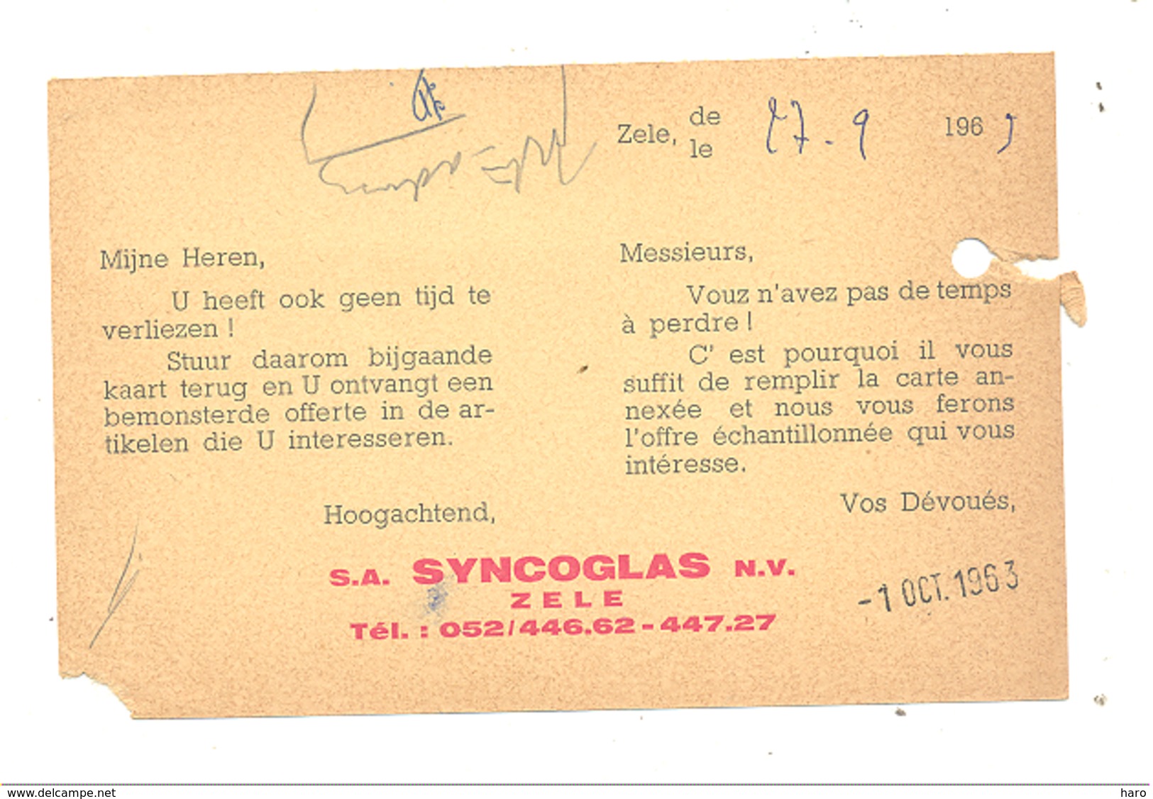 Carte Pré Imprimée " SYNCOGLAS " à ZELE 1963  (van) - Publicité