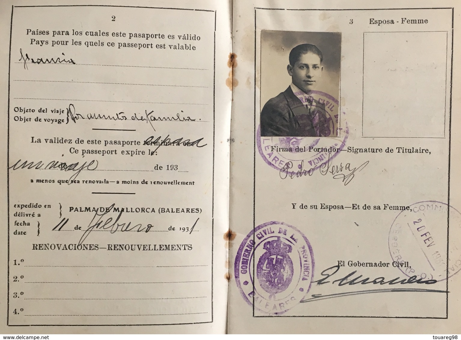 Passeport Espagnol Valable Pour La France. España. Pasaporte. Délivré En 1931 à Palma De Mallorca. Fiscal. Dependiente. - Documents Historiques