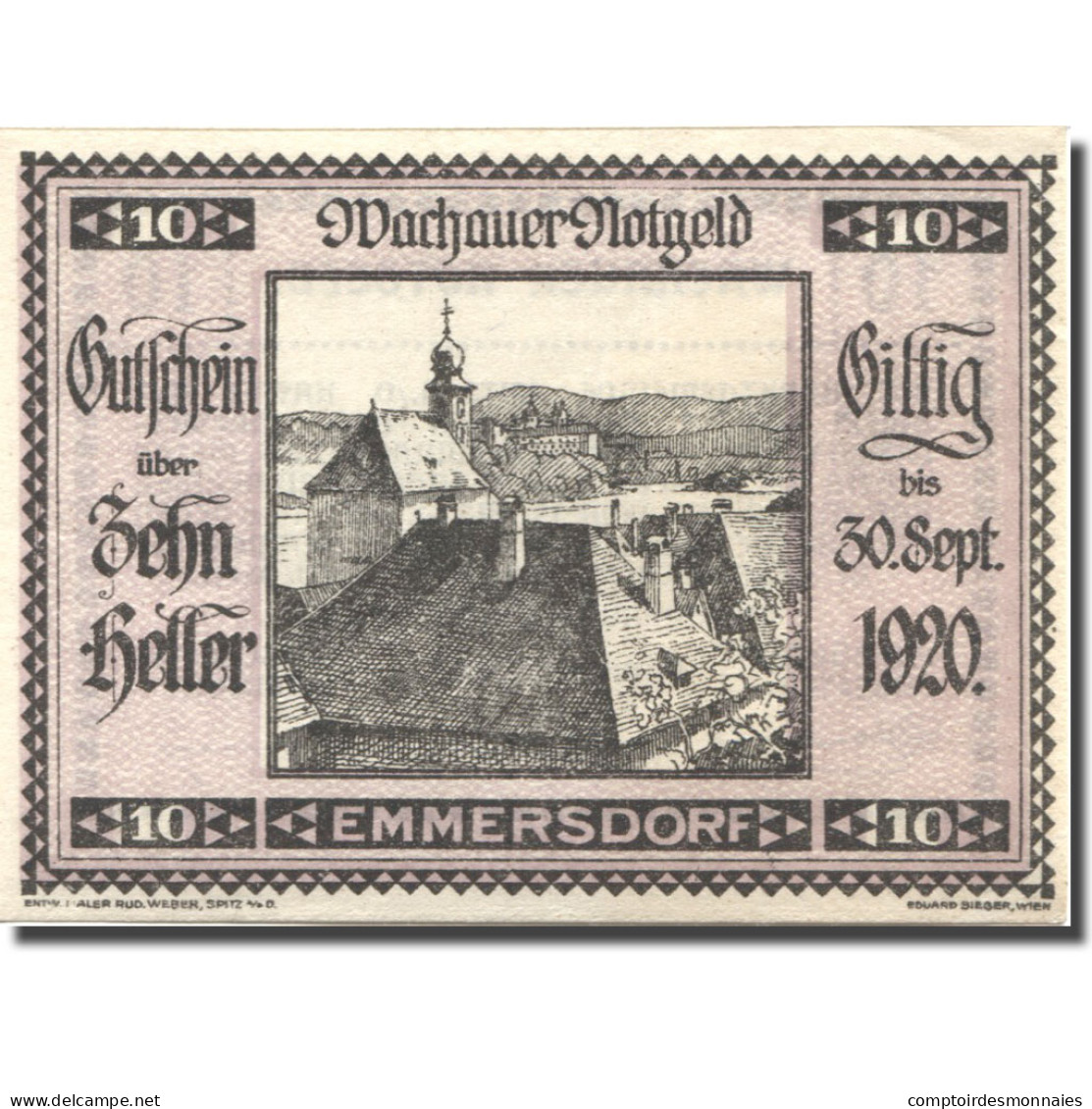 Billet, Autriche Emmersdorf 10Heller Eglise 1920 SPL Violet Mehl:FS 1122.5IIa - Autriche