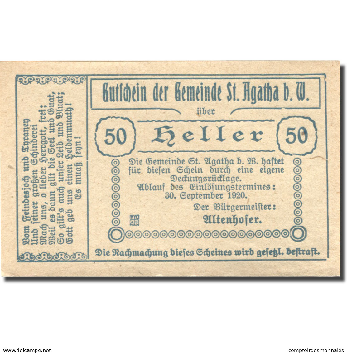 Billet, Autriche, St Agatha, 50 Heller, Château 1920-09-30, SPL Mehl:FS 877Ia - Autriche