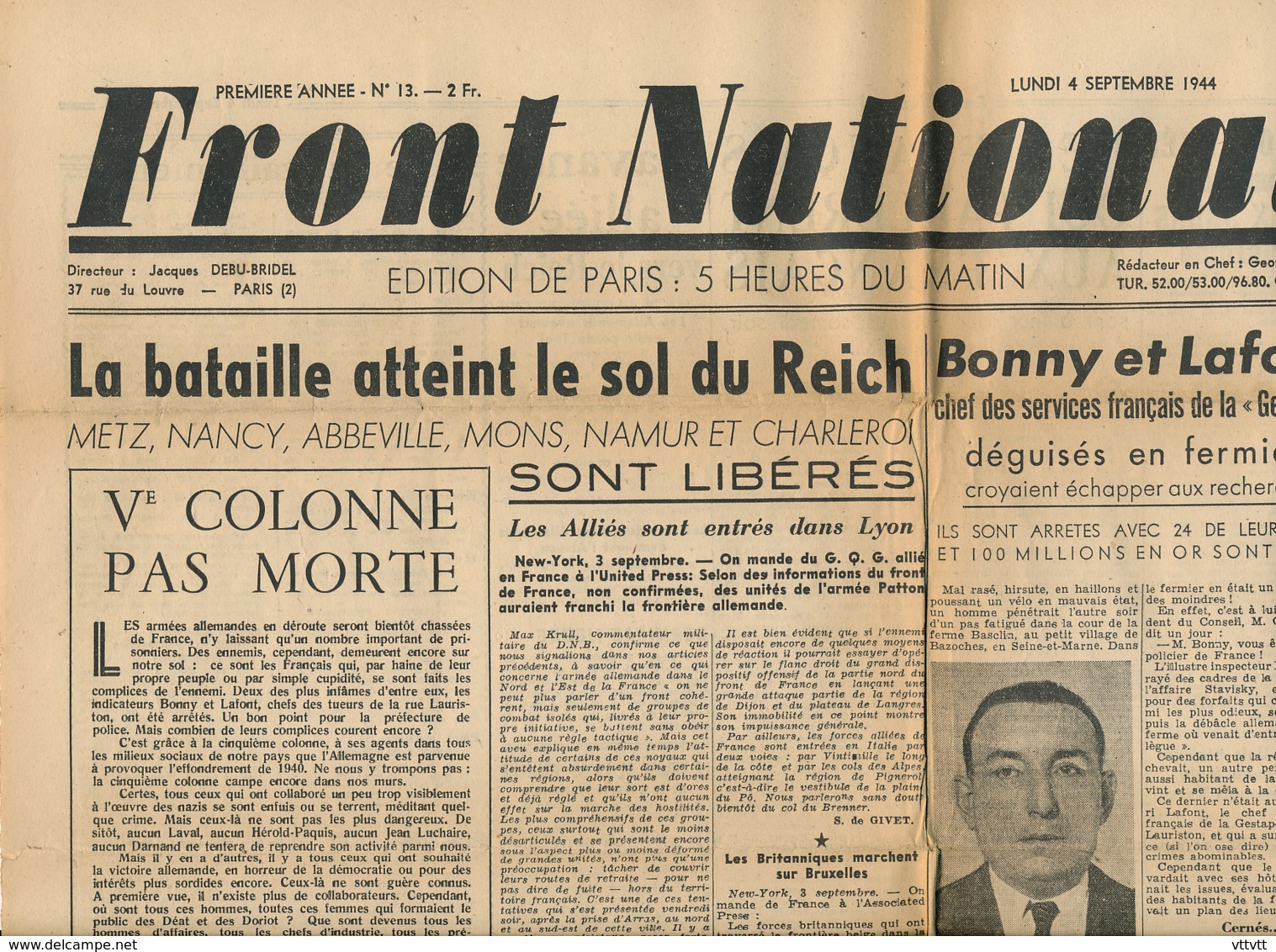 FRONT NATIONAL, N° 13, Lundi 4 Septembre 1944, Reich, Metz, Nancy, Abbeville, Mons, Charleroi, Bonny Et Laffont, Gestapo - Autres & Non Classés