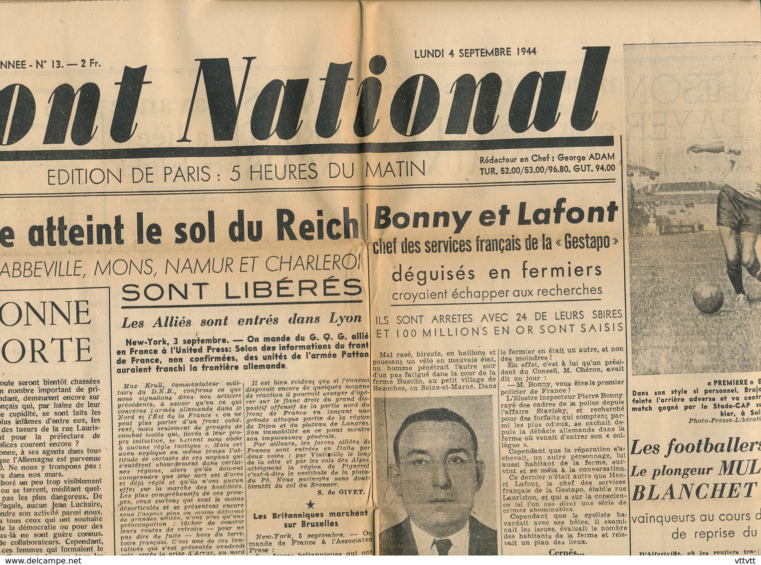 FRONT NATIONAL, N° 13, Lundi 4 Septembre 1944, Reich, Metz, Nancy, Abbeville, Mons, Charleroi, Bonny Et Laffont, Gestapo - Autres & Non Classés