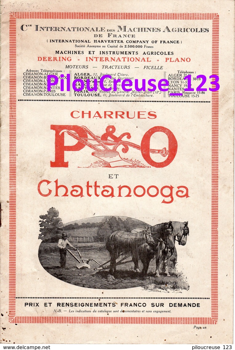 MACHINES AGRICOLES - Catalogue CHARRUES P&O Et CHATTAGOOGA - 13 Planches - 16 Pages - Dimension 16 X 23 Cm - 4 Scans: - Machines