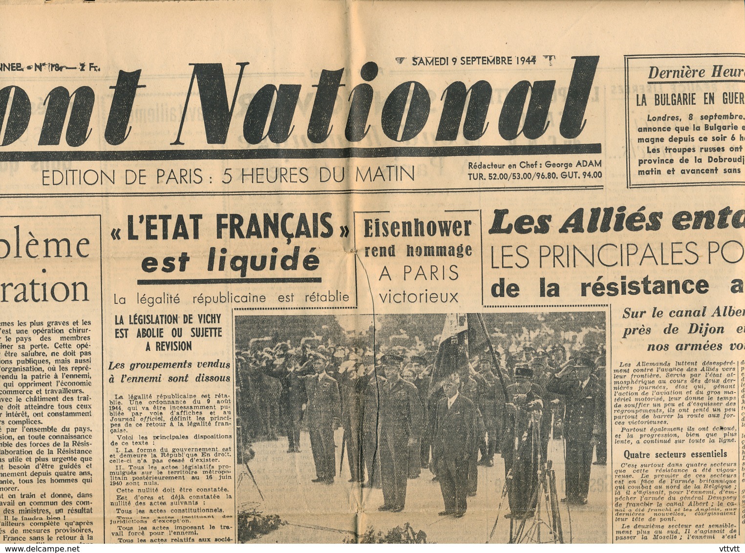 FRONT NATIONAL, N° 18, Samedi 9 Septembre 1944, Eisenhower, Vichy, Reich, Dijon, Besançon, Métro, Canal Albert, Gestapo - Autres & Non Classés