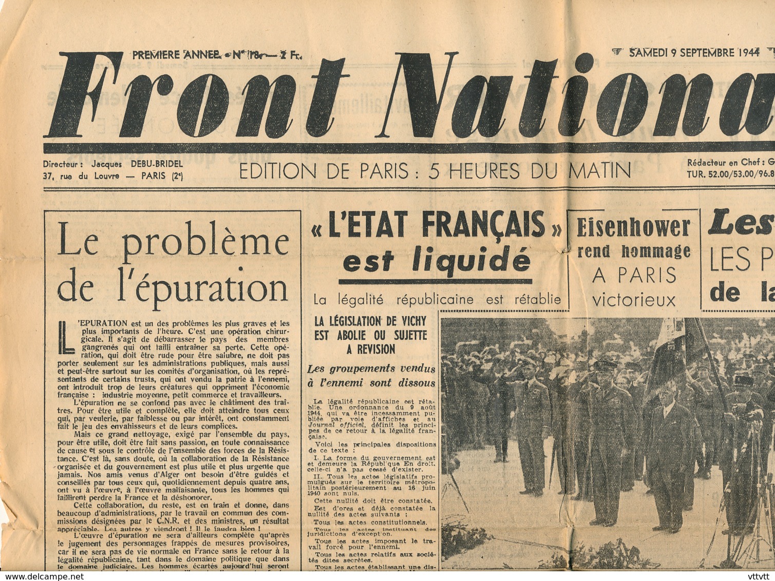 FRONT NATIONAL, N° 18, Samedi 9 Septembre 1944, Eisenhower, Vichy, Reich, Dijon, Besançon, Métro, Canal Albert, Gestapo - Autres & Non Classés