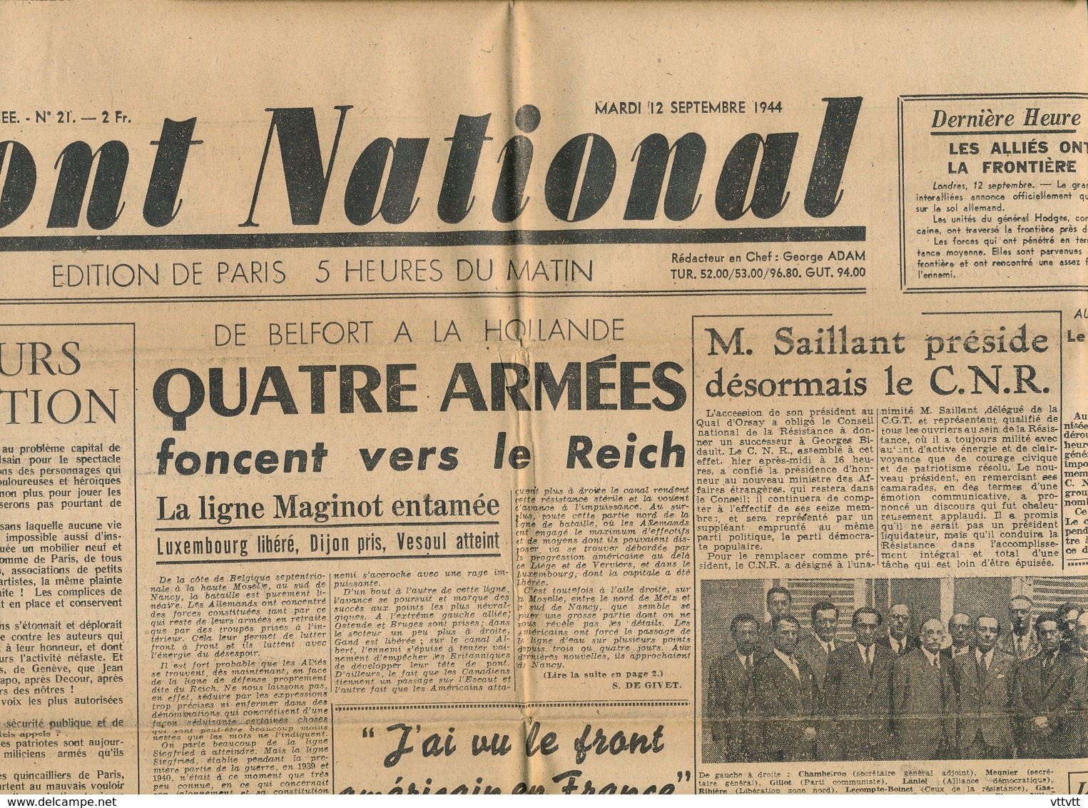 FRONT NATIONAL, N° 21, Mardi 12 Septembre 1944, Maginot, Reich, Luxembourg, Dijon, Vesoul, Métro, Vichy, Pétain - Autres & Non Classés