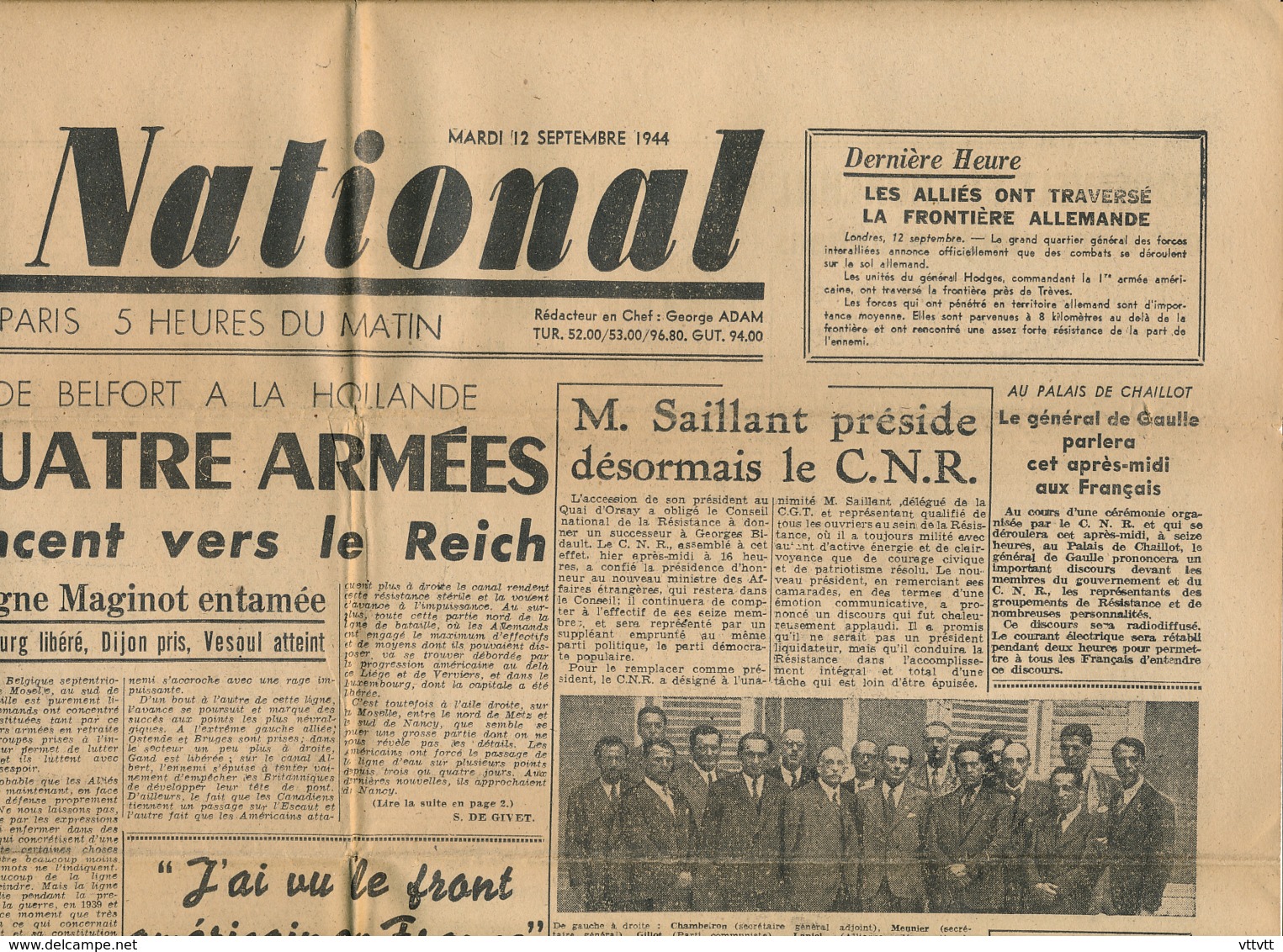FRONT NATIONAL, N° 21, Mardi 12 Septembre 1944, Maginot, Reich, Luxembourg, Dijon, Vesoul, Métro, Vichy, Pétain - Autres & Non Classés