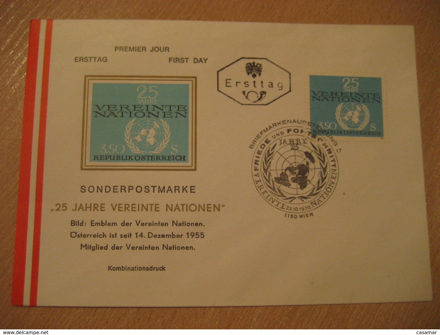 WIEN 1970 25 Year FDC Cancel Cover AUSTRIA United Nations UN - Lettres & Documents