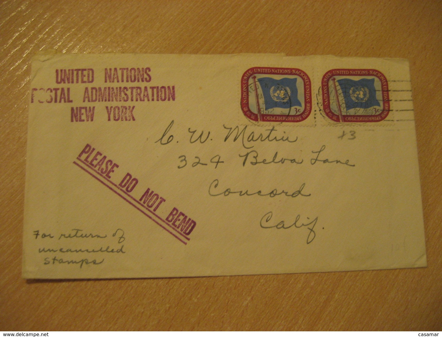 NEW YORK 1952 To Concord USA Postal Administration Verified Nº2 2 Stamp On Cancel Cover United Nations UN - Covers & Documents