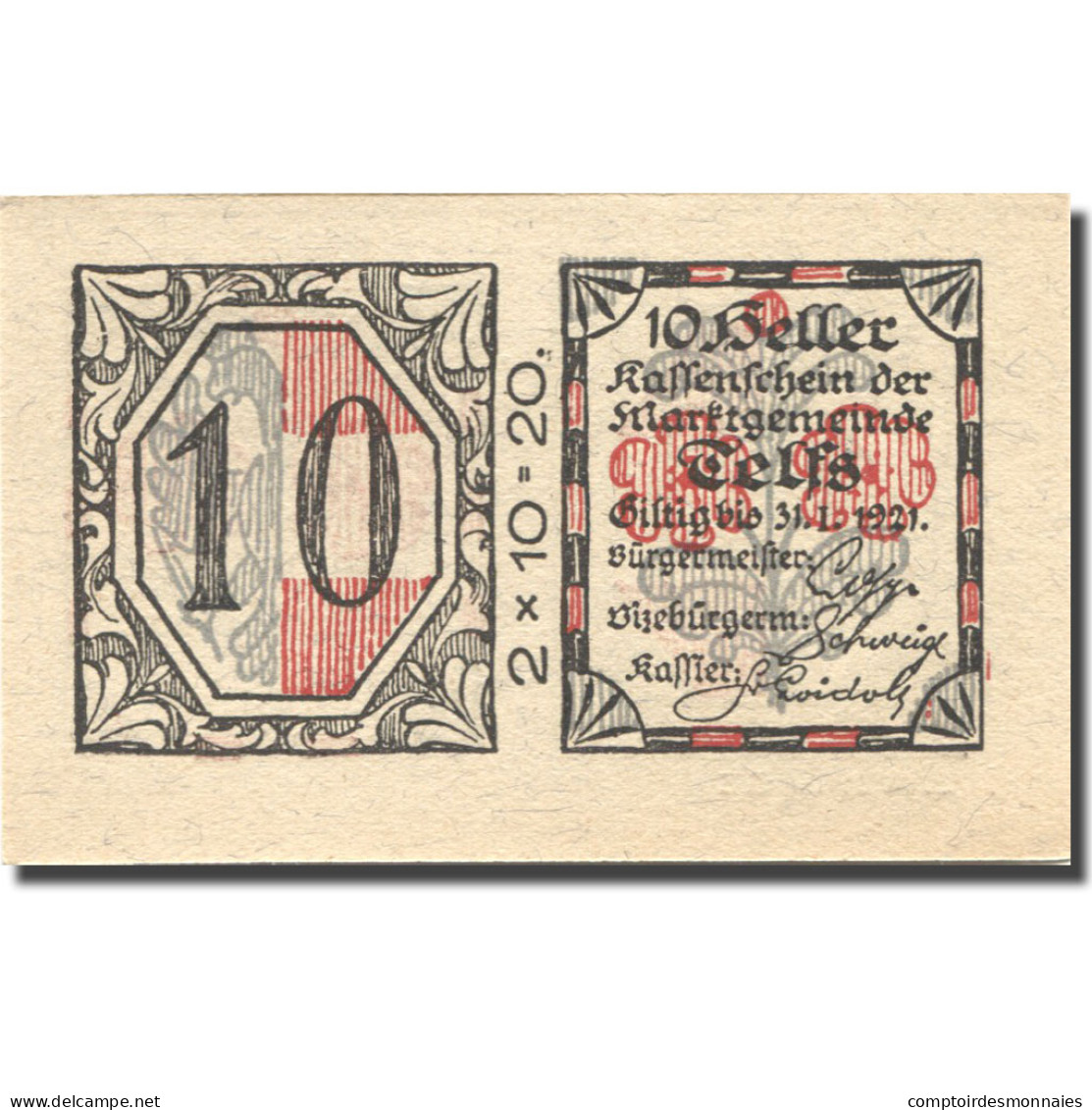 Billet, Autriche, Telfs, 10 Heller, Valeur Faciale, 1921 SPL Mehl:FS 1061a - Autriche
