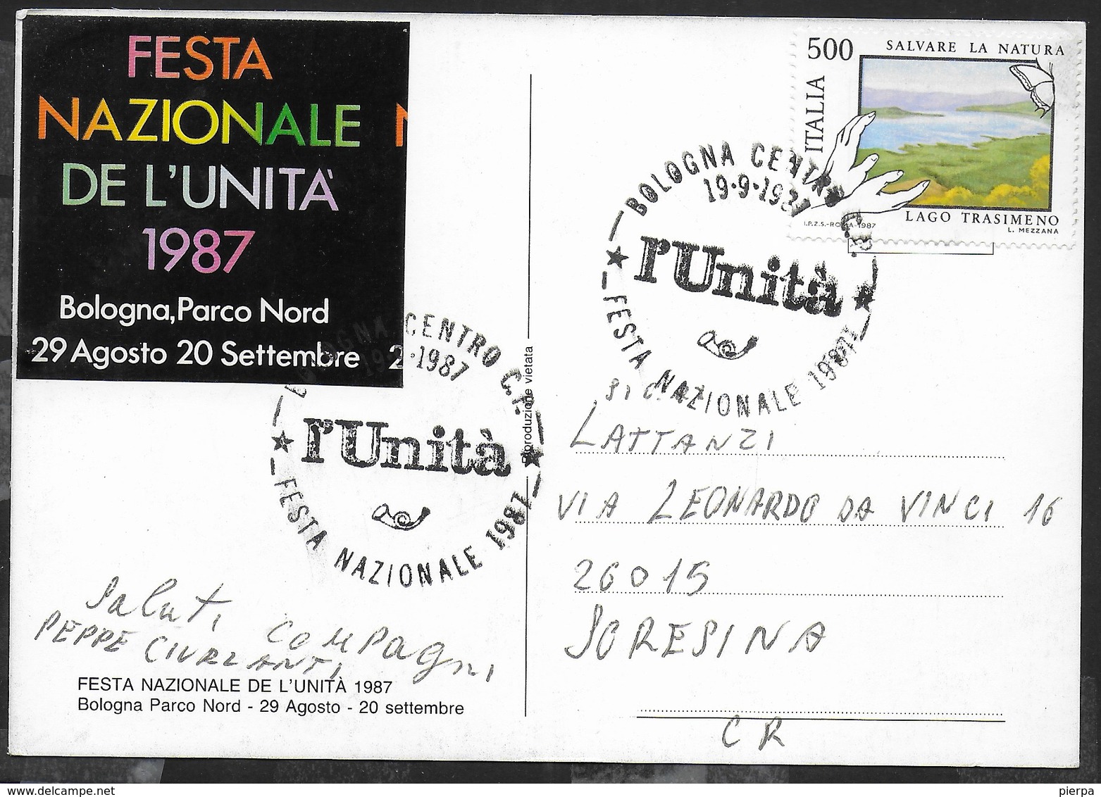 ANNULLO SPECIALE - BOLOGNA CENTRO - 19.09.1987 - L'UNITA' - FESTA NAZIONALE 1987 SU CARTOLINA NEL TEMA - 1981-90: Storia Postale