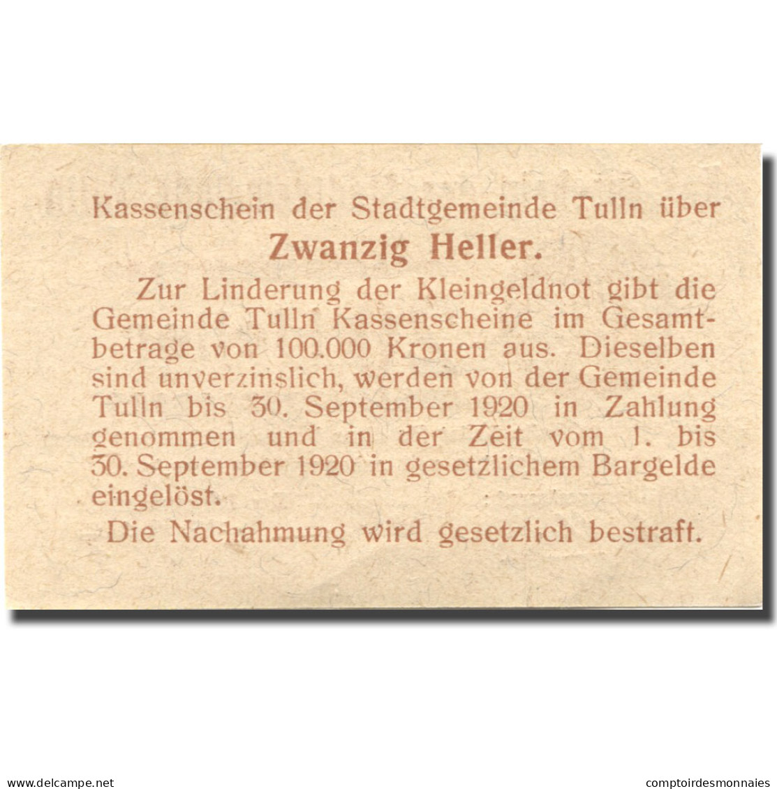 Billet, Autriche, Tulln, 20 Heller, Valeur Faciale, 1920 SPL Mehl:FS 1083I.12 - Autriche