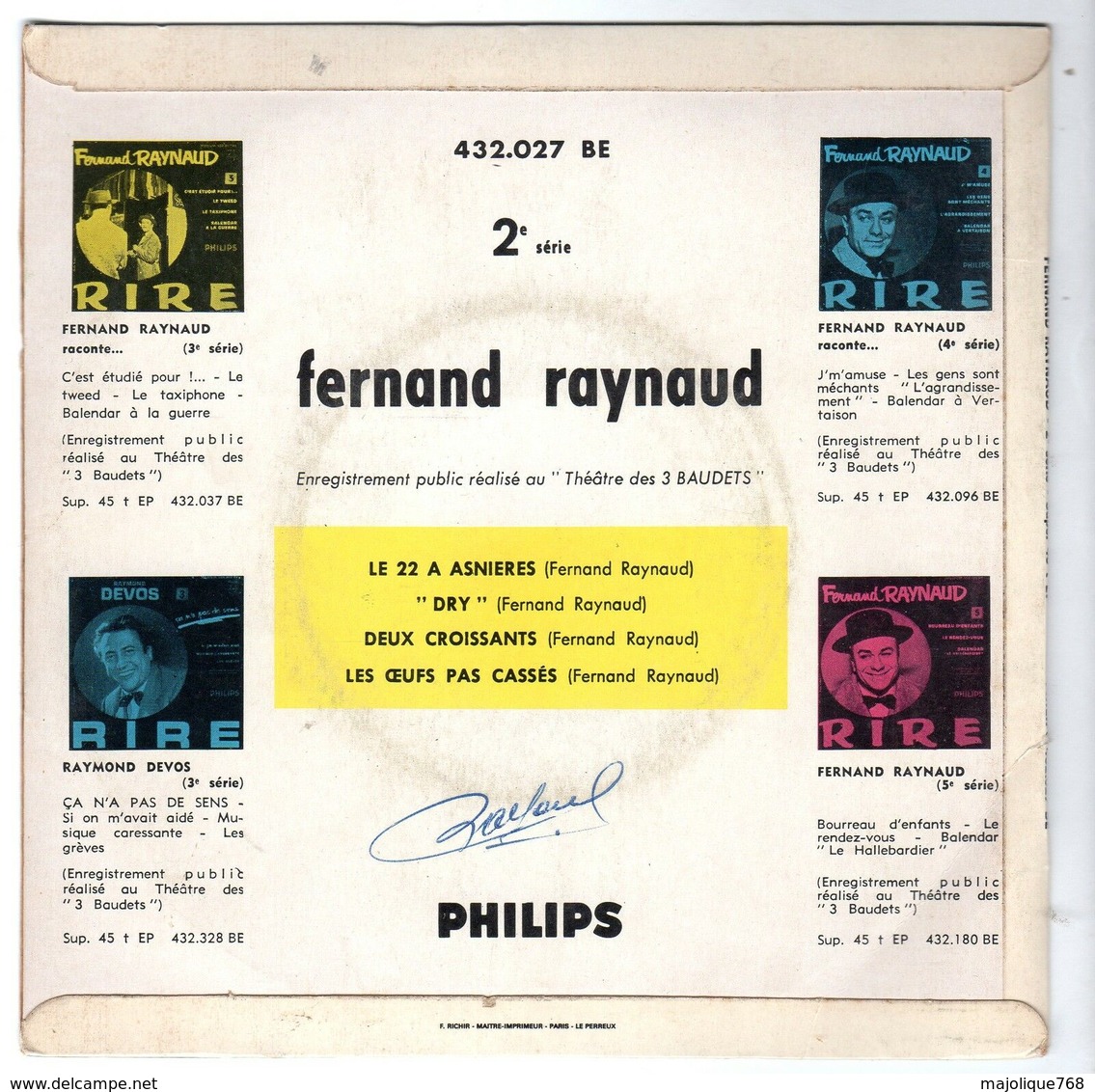 Disque 45 Tours 4 Titres De Fernand Raynaud - Le 22 A Asnières - Deux Croissants - Comiche