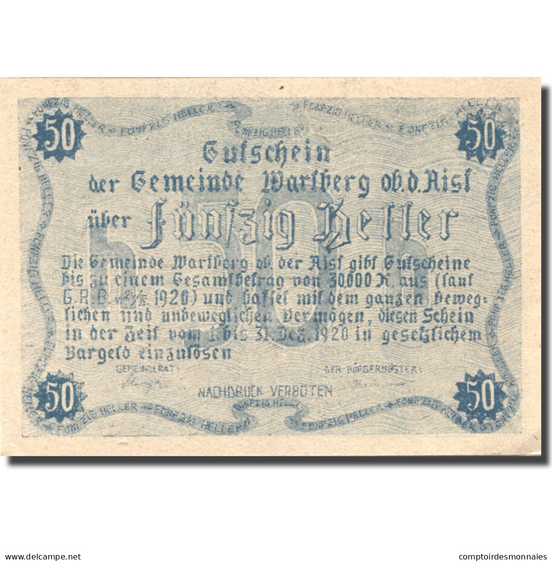 Billet, Autriche, Warlberg, 50 Heller, Eglise 1920-12-31, SPL Mehl:FS 1142b - Autriche