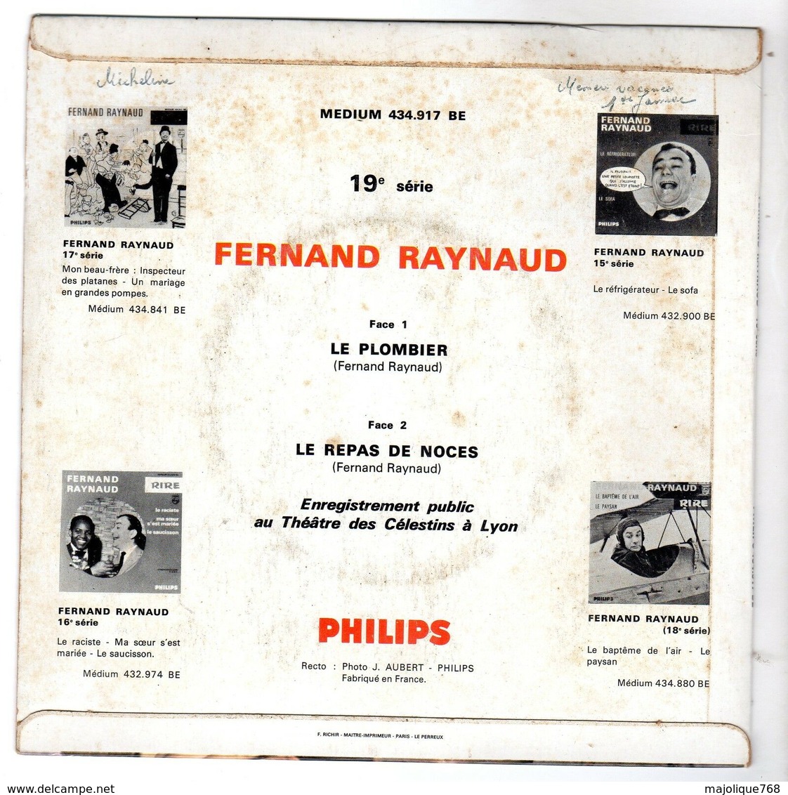 Disque 45 Tours De Fernand Raynaud - Le Plombier & Le Repas De Noces - - Humor, Cabaret