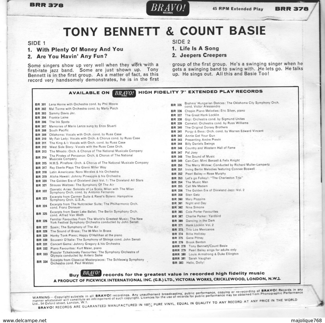 Disque - Tony Bennett & Count Basie - Bravo! Records BRR 378 - 1966 - - Jazz