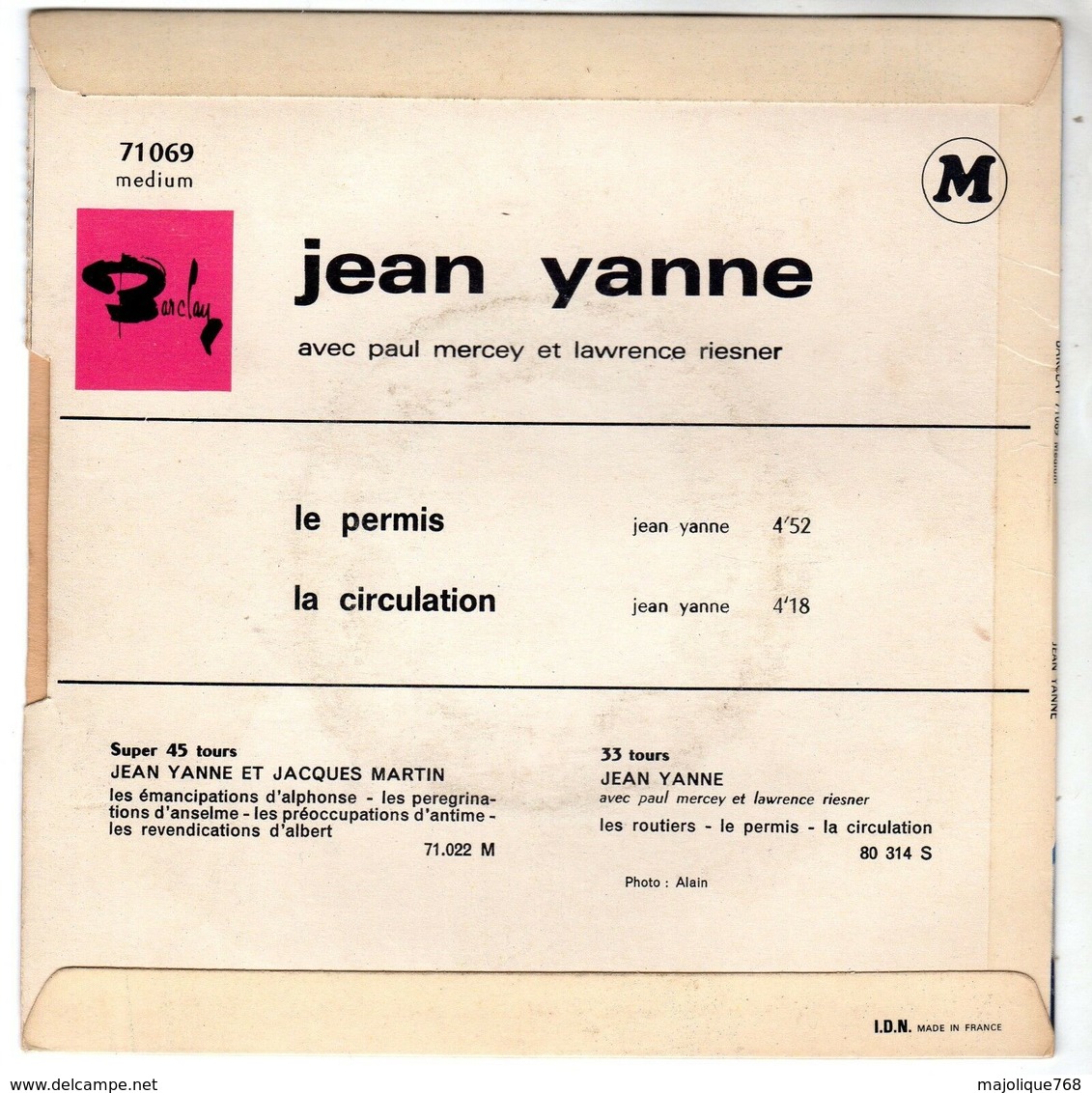 Disque De Jean Yanne - Le Permis - Barclay 71069 M - 1967 - - Cómica