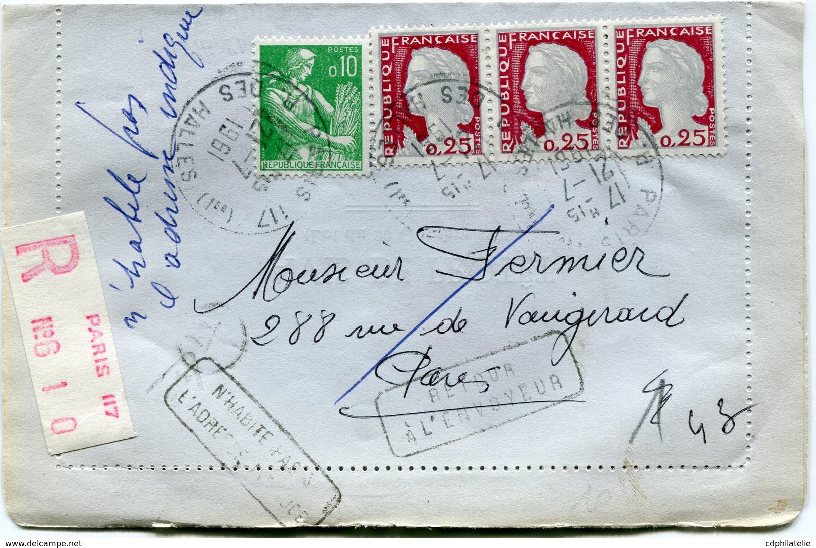 FRANCE LETTRE RECOMMANDEE DEPART PARIS 21-7-1961 R; DES HALLES POUR PARIS PUIS REEXPEDIEE A L'EXPEDITEUR - 1960 Marianne De Decaris