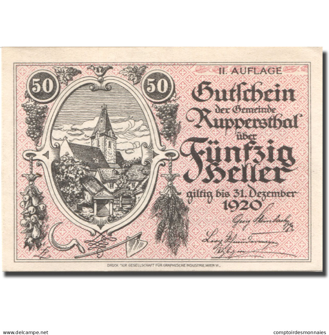 Billet, Autriche, Ruppersthal, 50 Heller, Village 1920-12-31 SPL Mehl:FS 854c - Austria