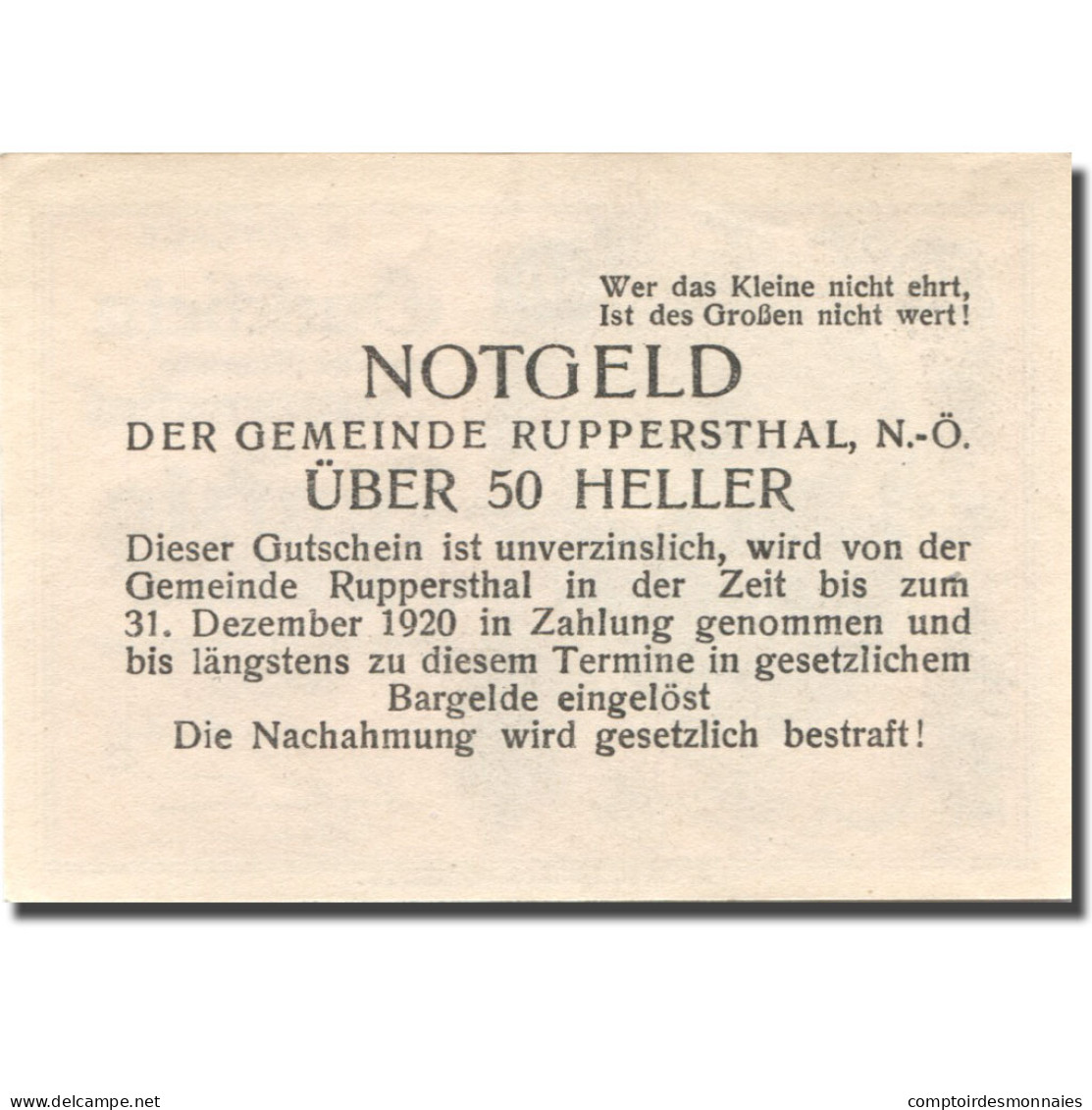 Billet, Autriche, Ruppersthal, 50 Heller, Village 1920-12-31 SPL Mehl:FS 854c - Austria