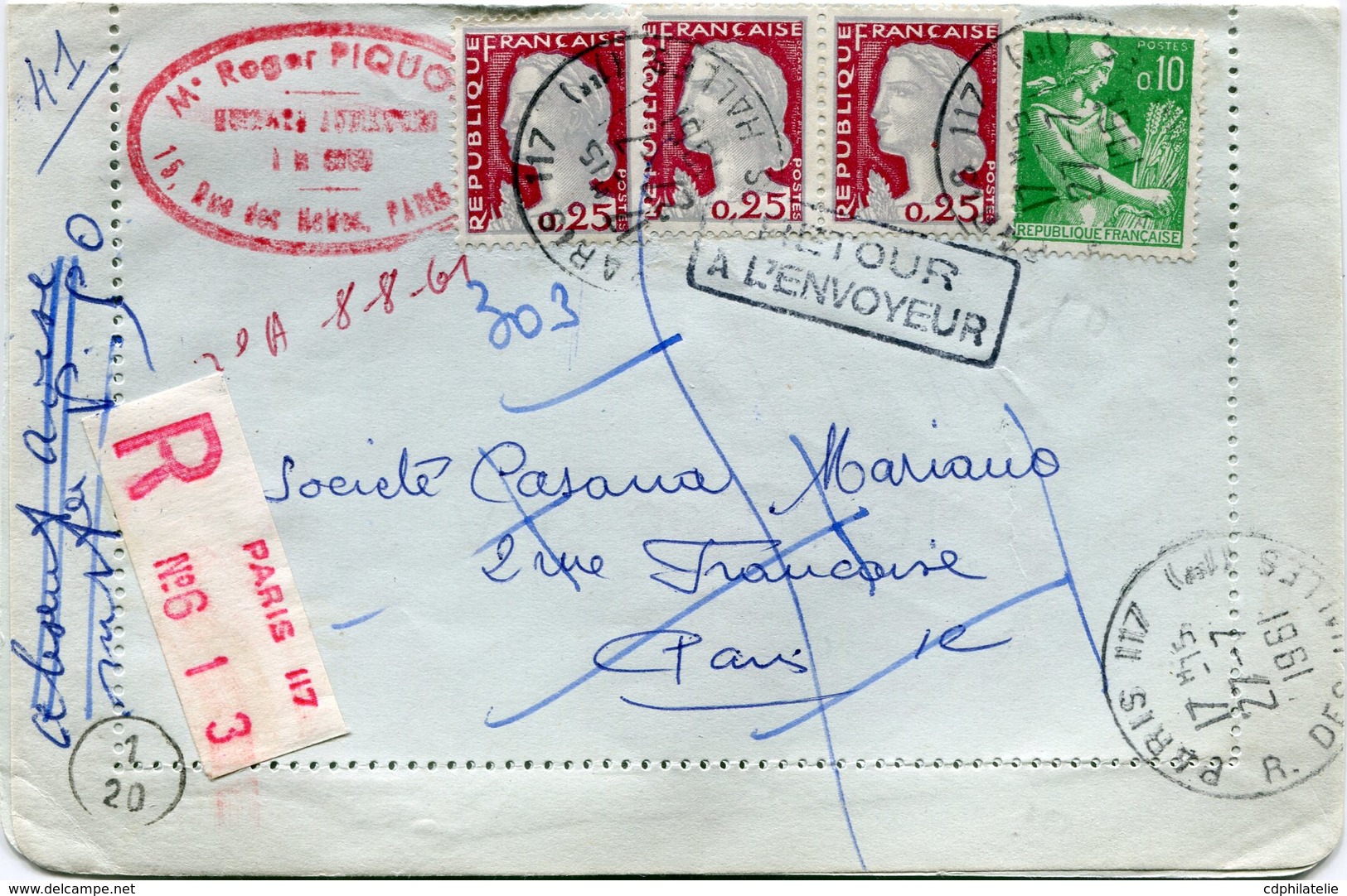 FRANCE LETTRE RECOMMANDEE DEPART PARIS 27-7-1961 R; DES HALLES POUR PARIS PUIS REEXPEDIEE A L'EXPEDITEUR - 1960 Marianne Of Decaris