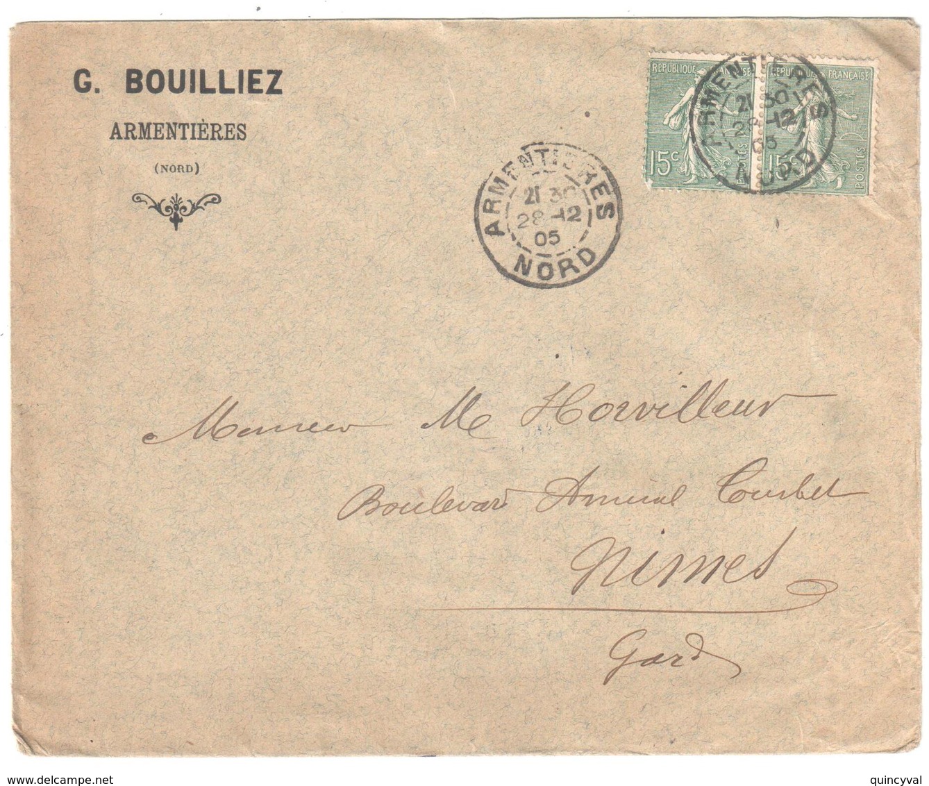 ARMENTIERES Nord Lettre Entête G BOUILLIEZ 15c Semeuse Lignée Yv 130 Ob 1905 Lettre 2° échelon - Covers & Documents