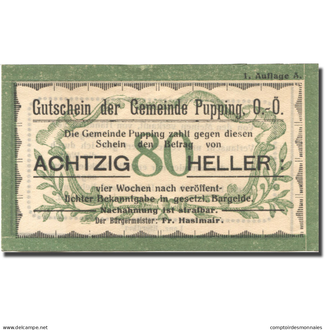 Billet, Autriche, Pupping, 80 Heller, Valeur Faciale, SUP, Mehl:FS 792Ia - Autriche