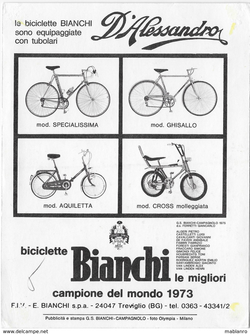 CARTE CYCLISME GROUPE TEAM BIANCHI 1975 FORMAT 12,7 X 16,7 - Cyclisme