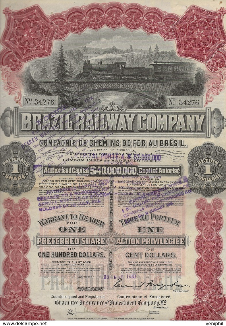 BRAZIL RAILWAY COMPAGNIE (COMPAGNIE CHEMIN DE FER AU BRESIL )ACTION DE 100 DOLLARS -1910 - Chemin De Fer & Tramway