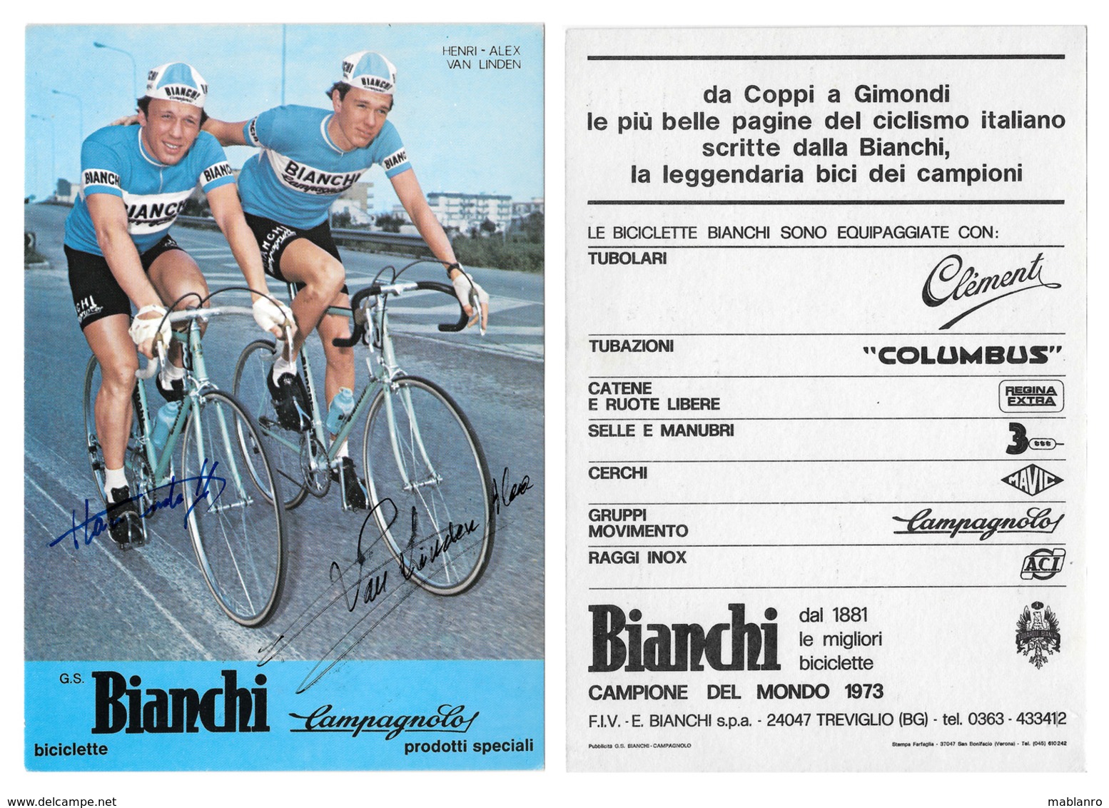 CARTE CYCLISME FREERES VAN LINDEN SIGNEE LES DEUX TEAM BIANCHI 1975 - Cyclisme