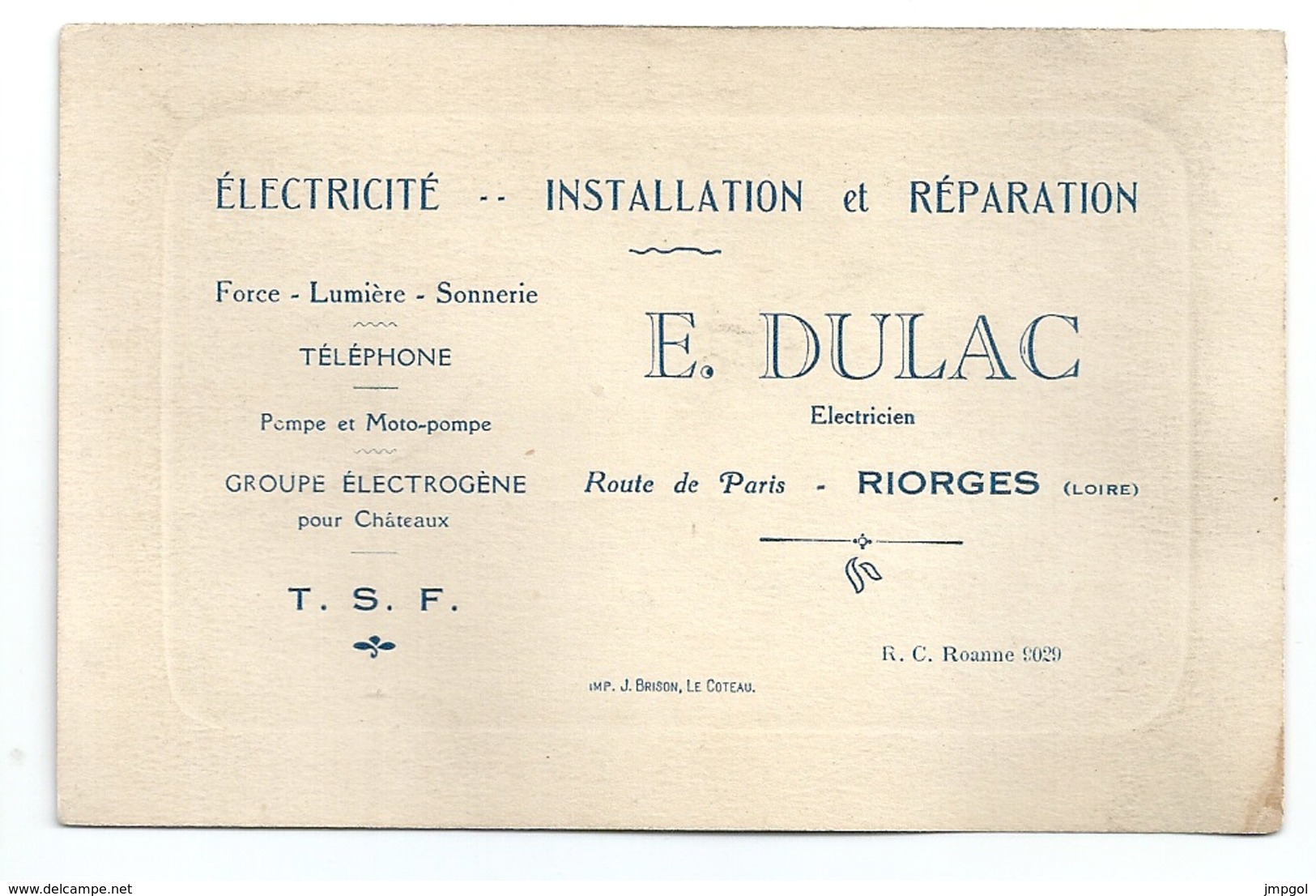 Carte De Visite Electricité Force Lumière TSF Téléphone E. Dulac Riorges (Loire) - Cartoncini Da Visita