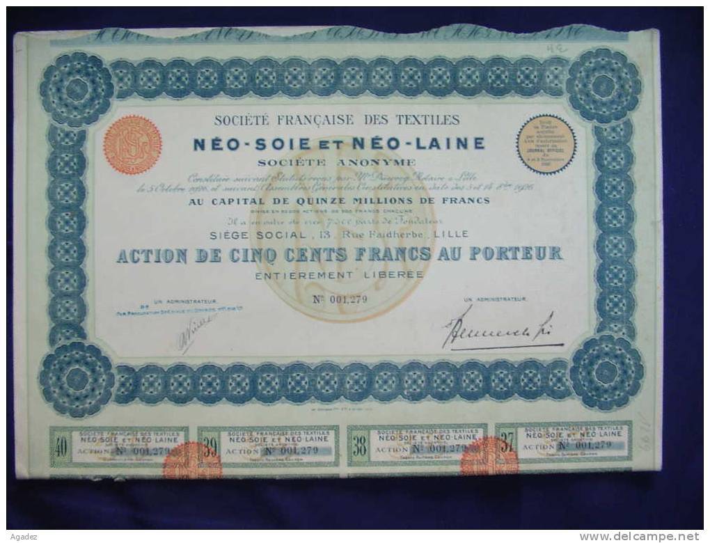 Action"Sté Française Des Textiles Neo Soie Et Neo Laine" Lille 1926 - Textile