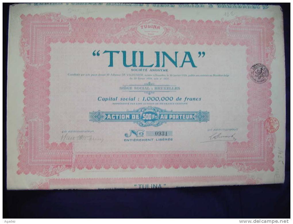 Action"Tulina"( Savon Parfum )Bruxelles 1924. - Parfums & Beauté