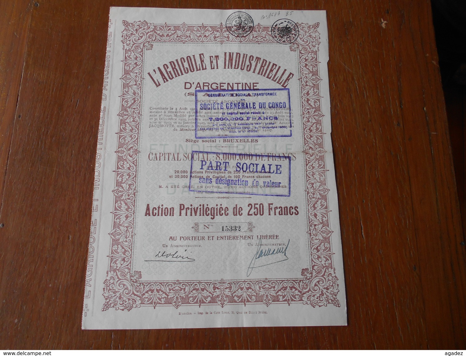 Action"L'agricole Et Industrielle D'Argentine"Argentina 1928 Bon état,sans Coupon.Argentine.N°15332 - Agriculture