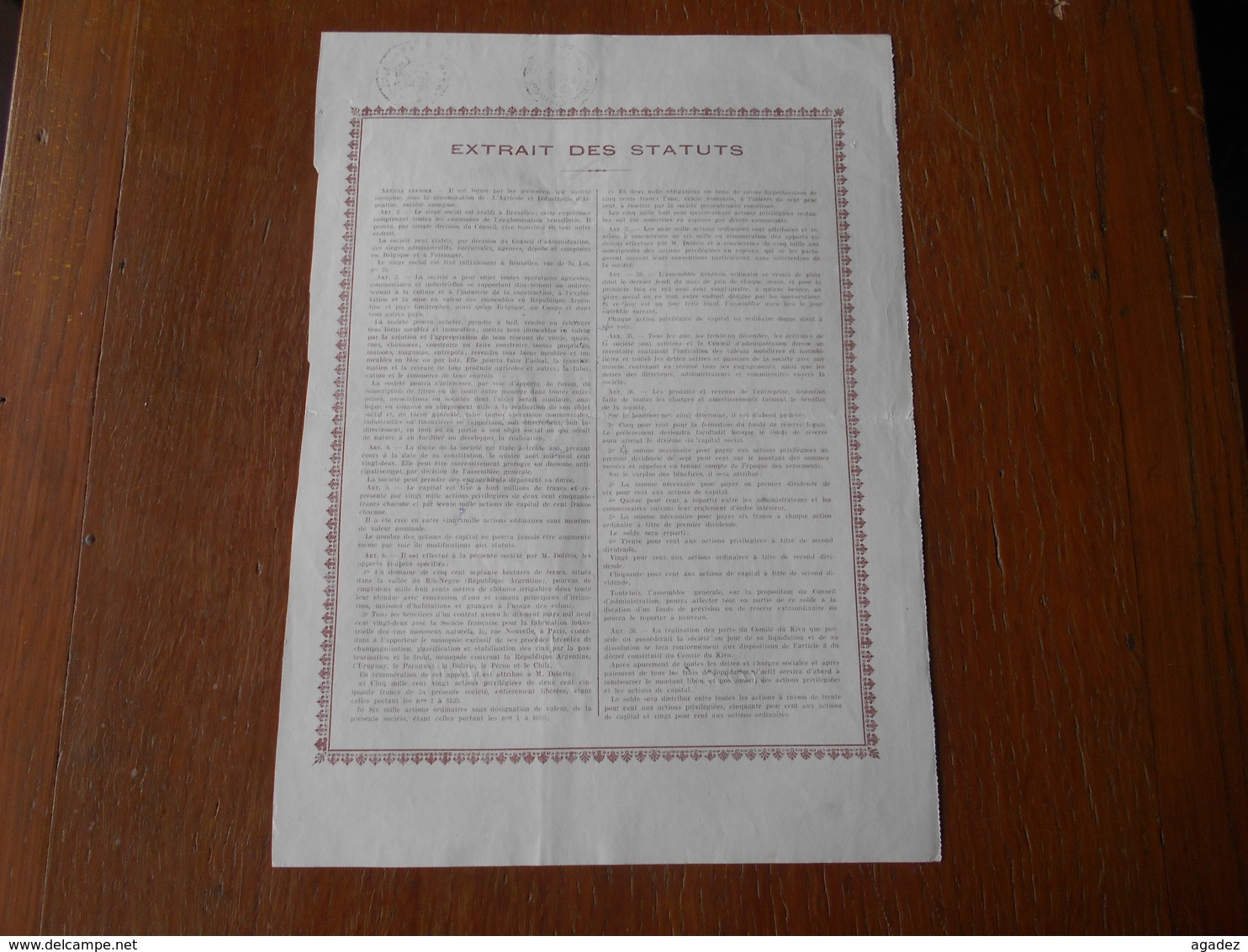 Action"L'agricole Et Industrielle D'Argentine"Argentina 1928 Bon état,sans Coupon.Argentine.N°15332 - Landbouw