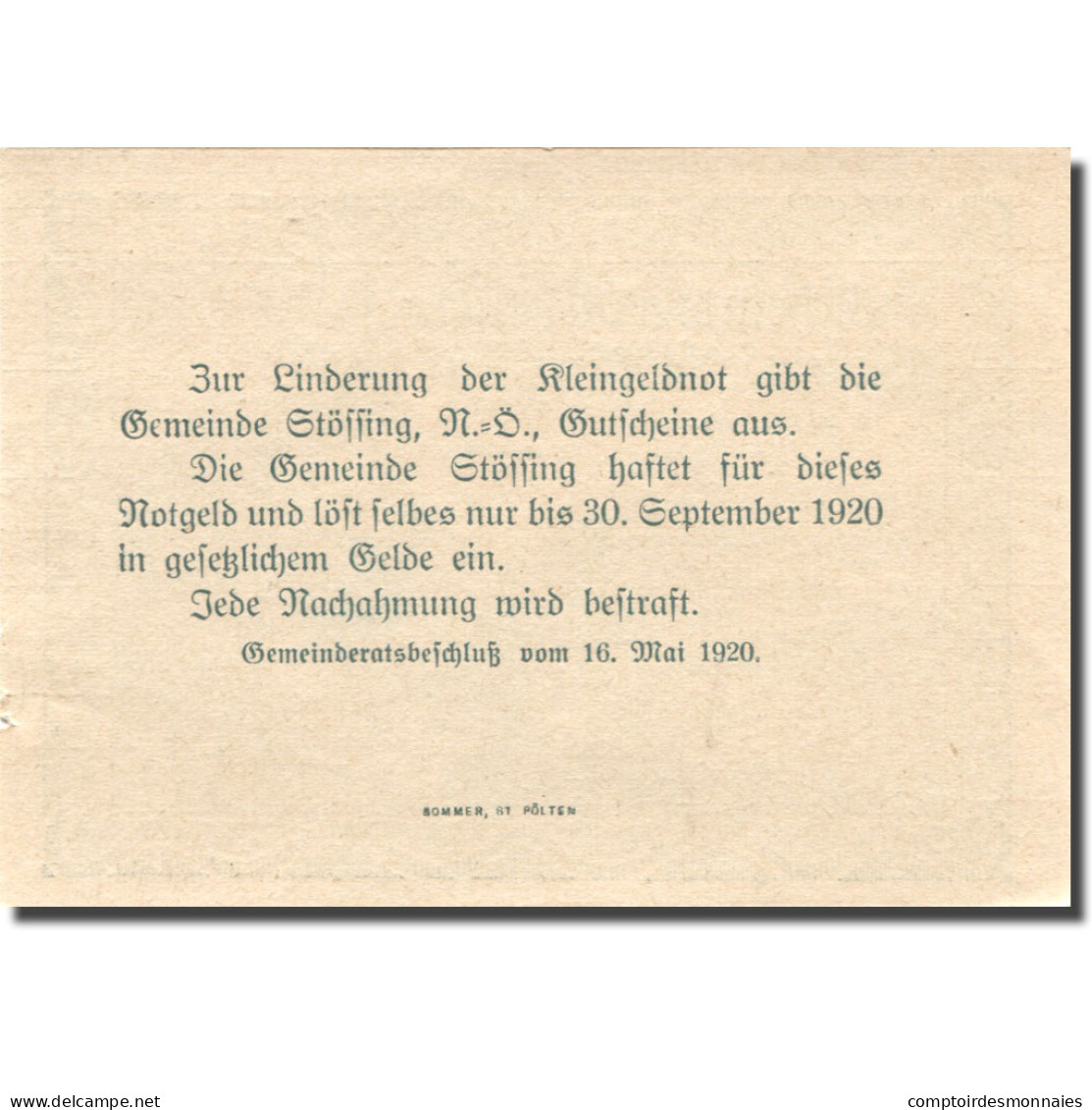 Billet, Autriche, Stössing, 50 Heller, Eglise 1920-09-30, SUP+, Mehl:FS 1040 - Austria