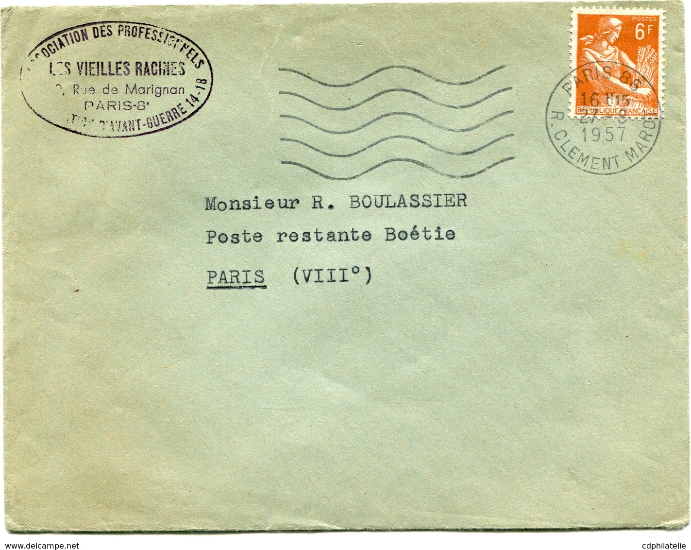 FRANCE LETTRE DEPART PARIS 27-8-1957 R. CLEMENT MAROT TAXEE EN POSTE RESTANTE PARIS 28-8-1957 R. LA BOETIE - 1957-1959 Mäherin